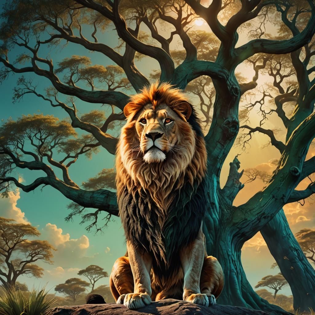Regal Lion King in Savannah Fantasy Matte Painting