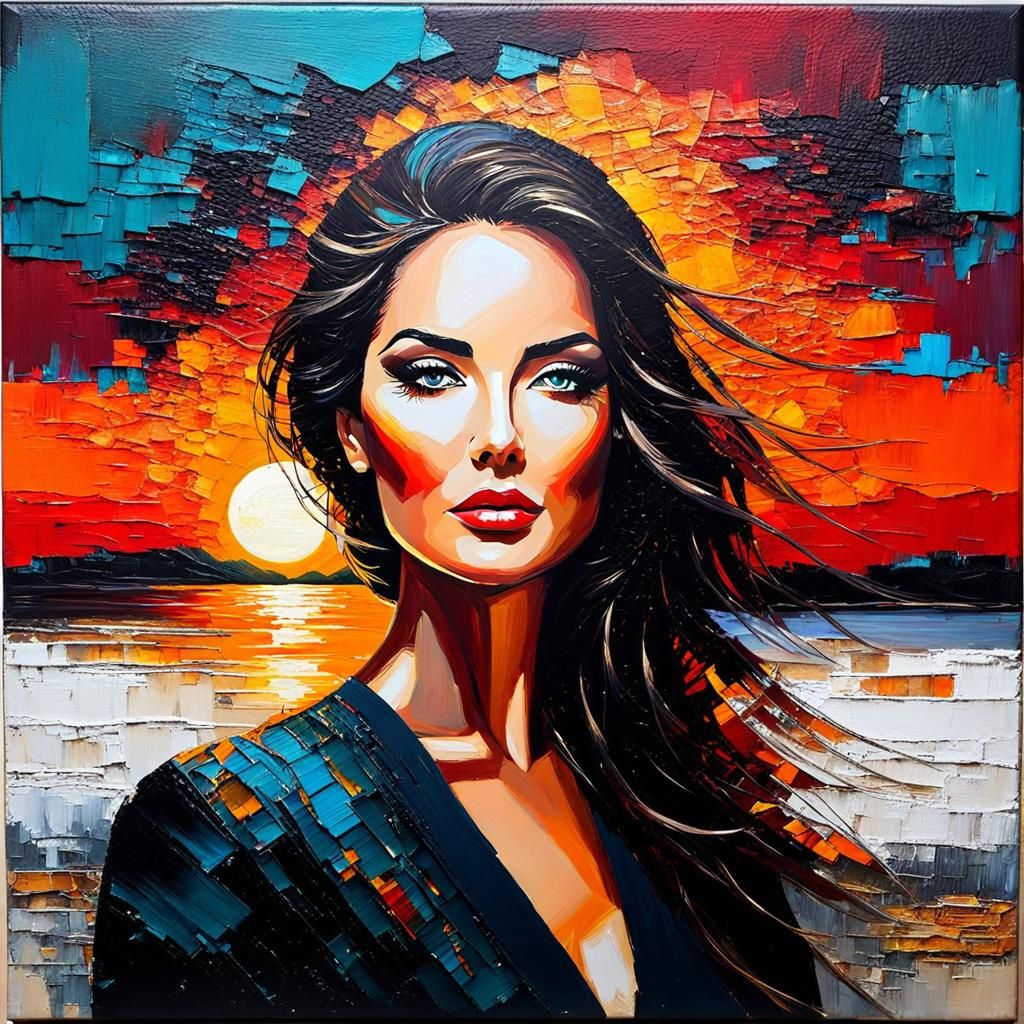 Sunset painting portrait, abstract art painting textures, fine oil brushstrokes, palette knife paint on canvas, crackle....