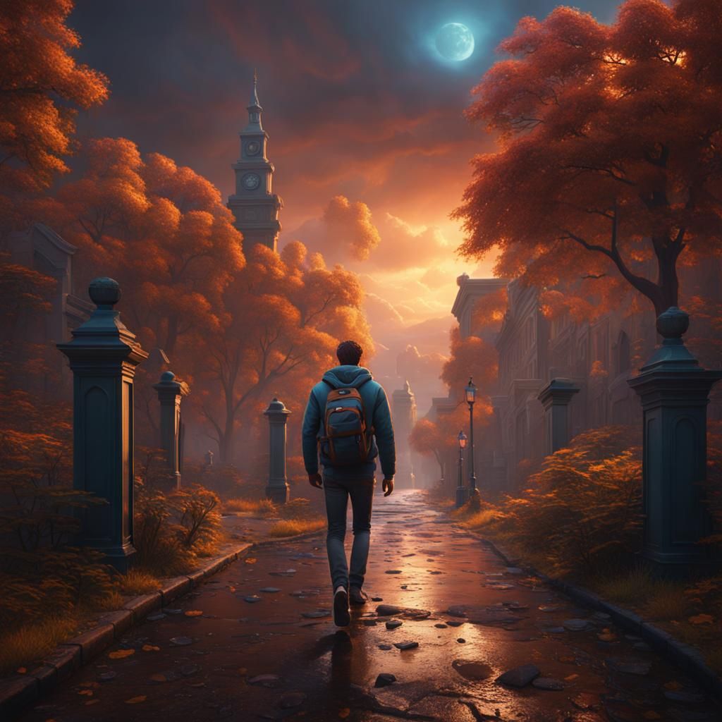 Depressed Student Walking to College: Matte Painting