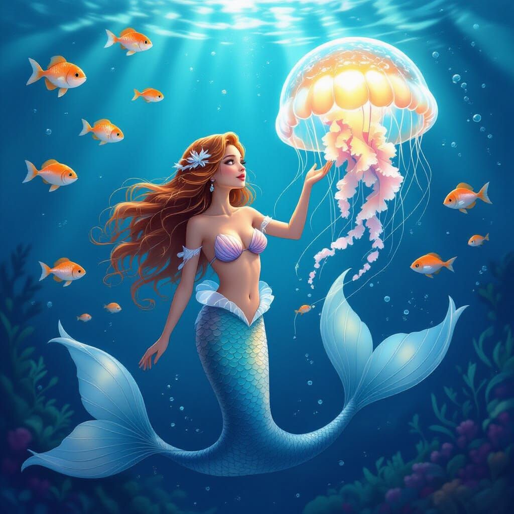 Mermaid Reaches for Luminous Jellyfish in Mystical Underwate...