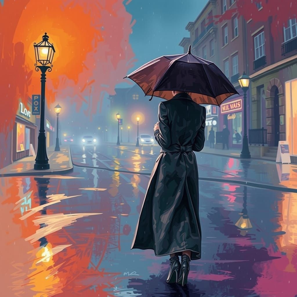 Rainy Cityscape in Impressionist Watercolor Style