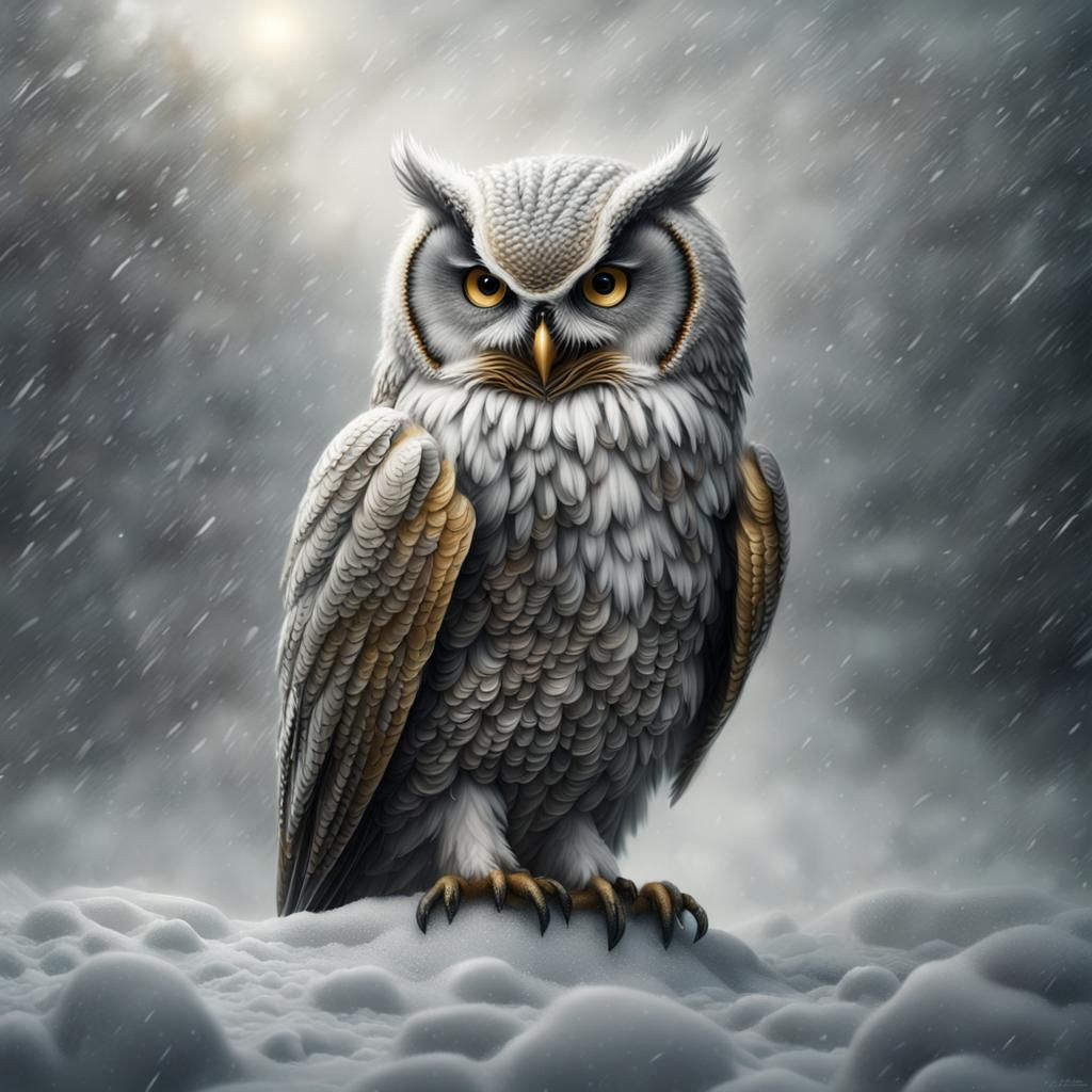 Fluffy Silver and Gold Owl in Blizzard