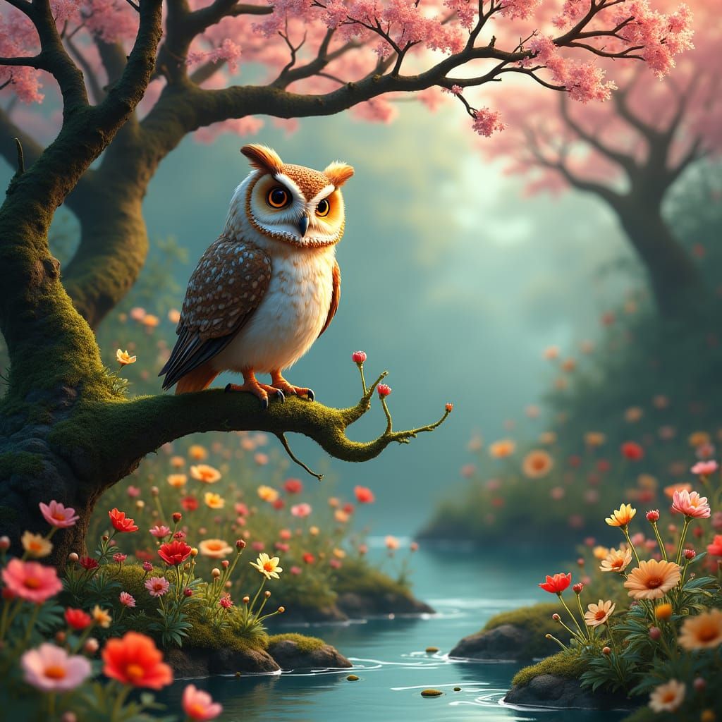 Whimsical Owl in Lush Forest: Fantasy Concept Art