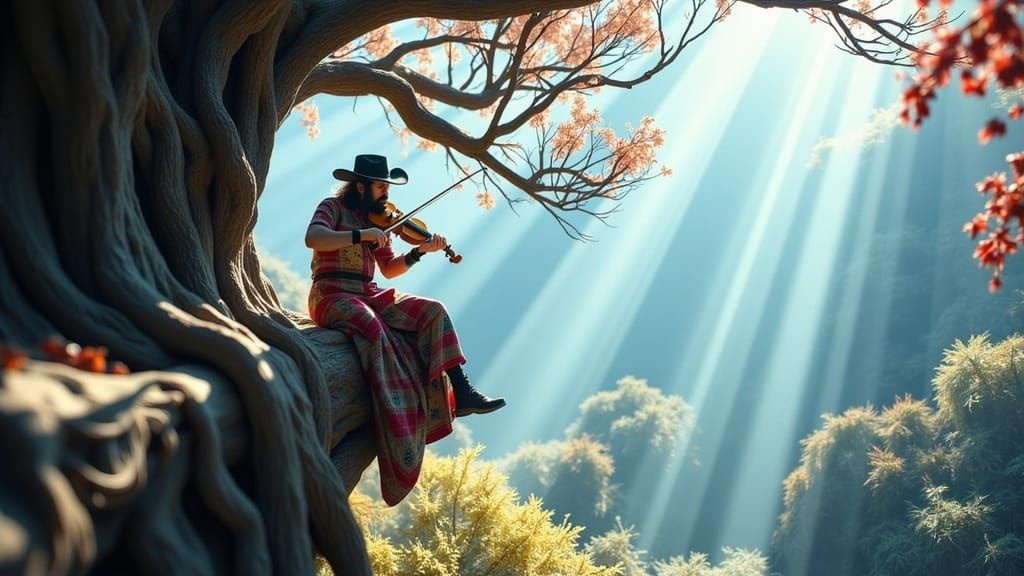 Enchanted Gypsy Violinist in Ancient Redwood