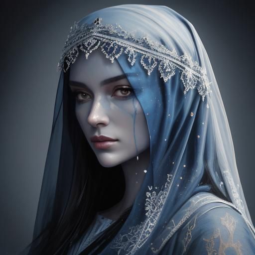 Blue Monochromatic Portrait of Veiled Woman