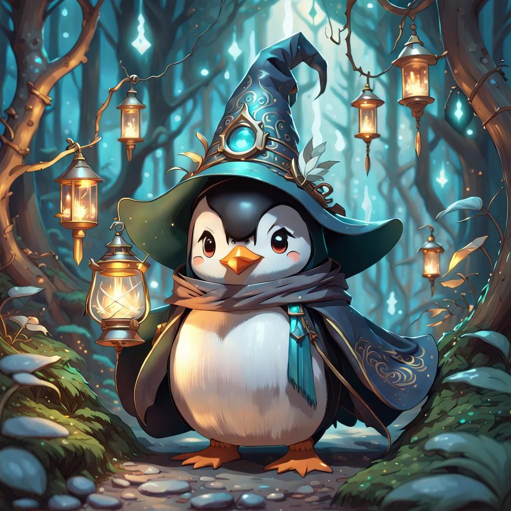 Chibi Penguin Sorcerer in Enchanted Forest