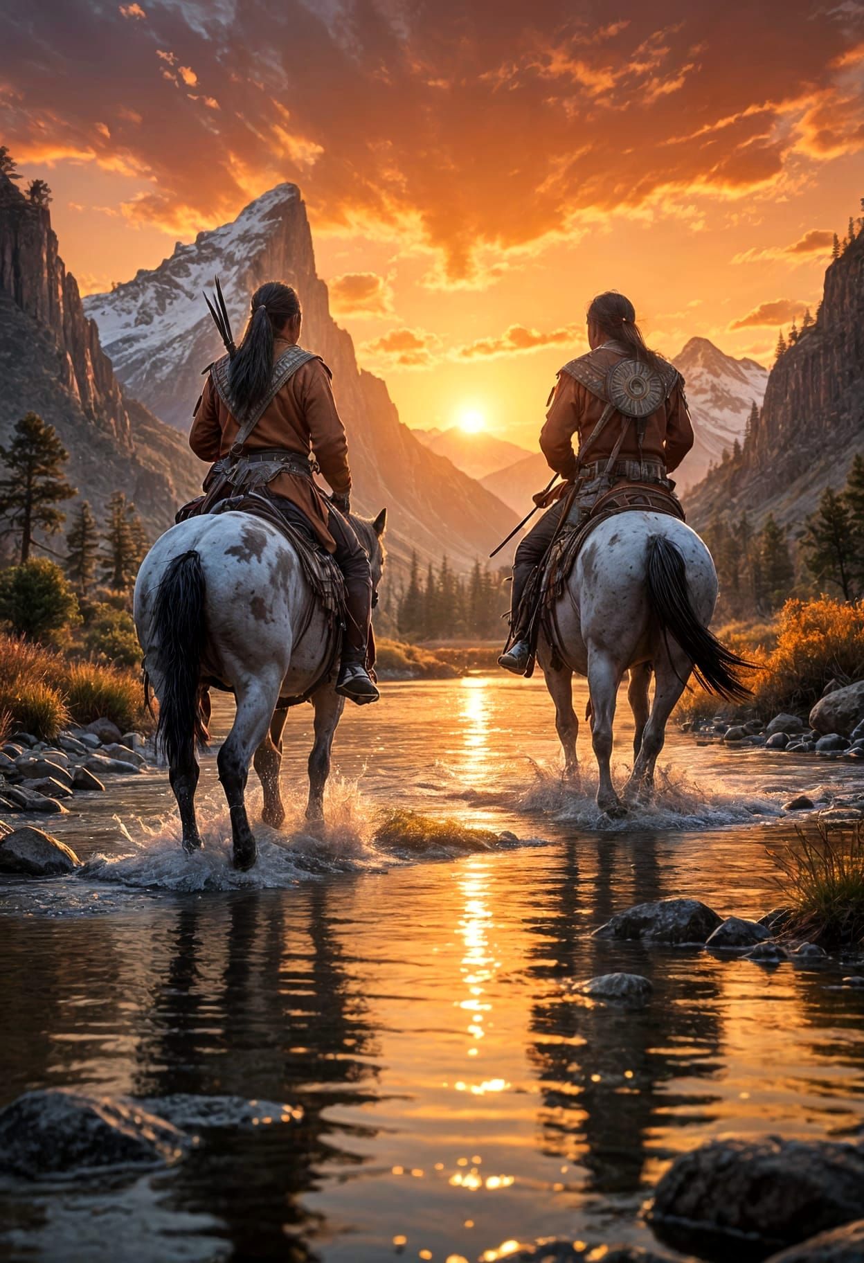 Native Americans on Horseback at Sunset