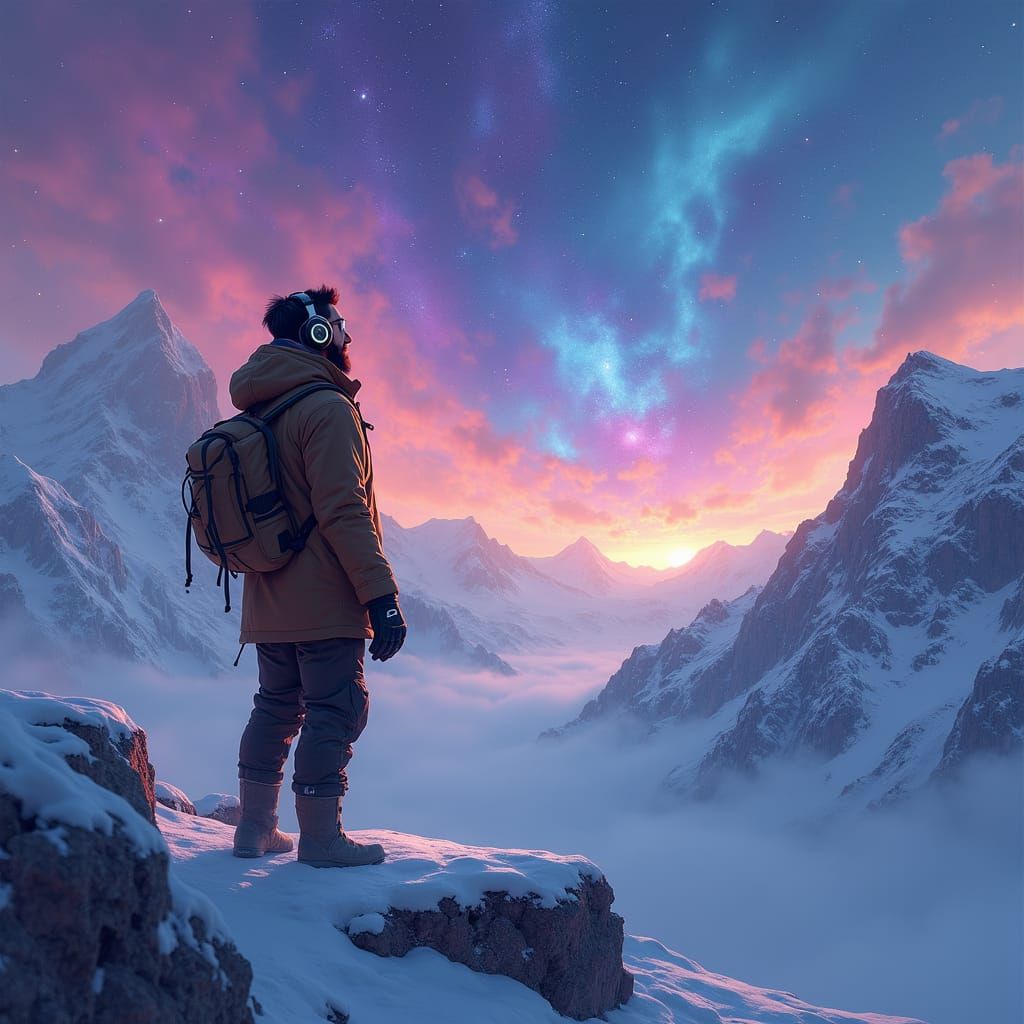 Man Listening to Music Under Colorful Starry Sky