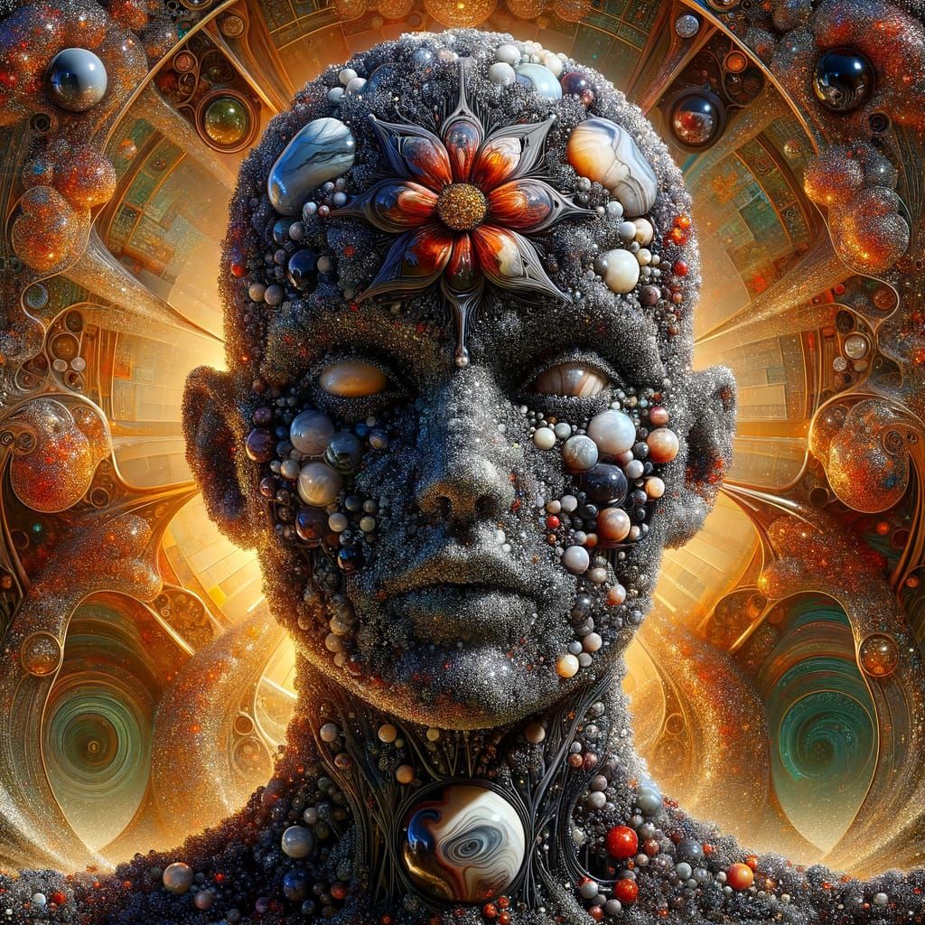 Obsidian Head Sculpture in Steampunk Art Nouveau Style