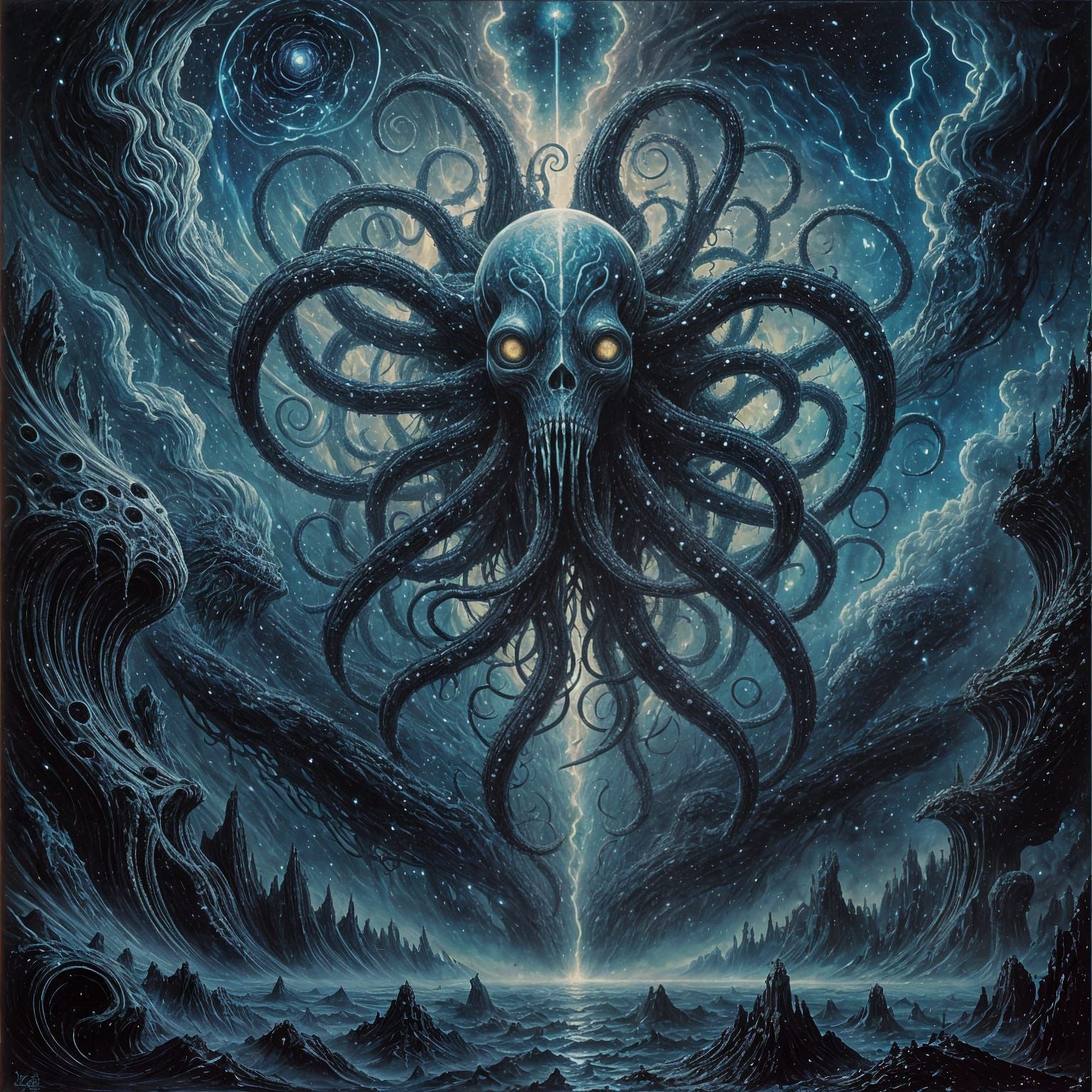 Eldritch Entity Emerges in Cosmic Horror Oil Painting