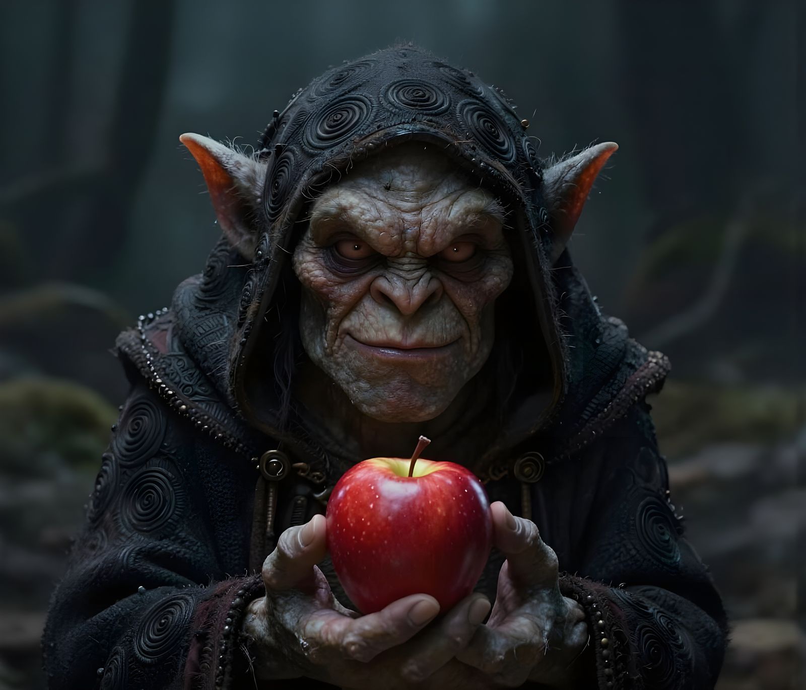 Grim Troll Holding Red Apple in Dark Tones