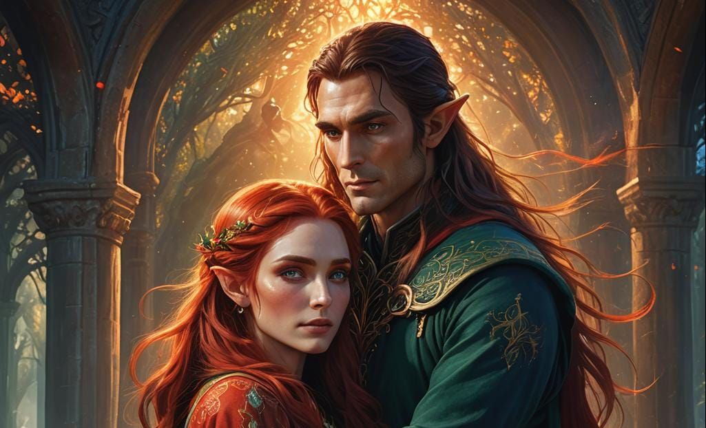 A tall male elf with very long dark brown hair, wearing dark green clothing. In his arms is a female with long red hair,...