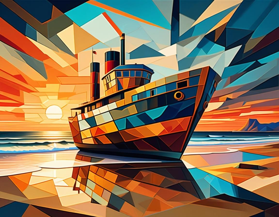 Shipwreck Sunset: A Cubist Art Deco Painting