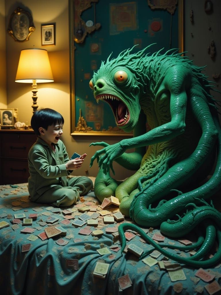 Boy Laughs Playing Cards With Grotesque Monster on Bed