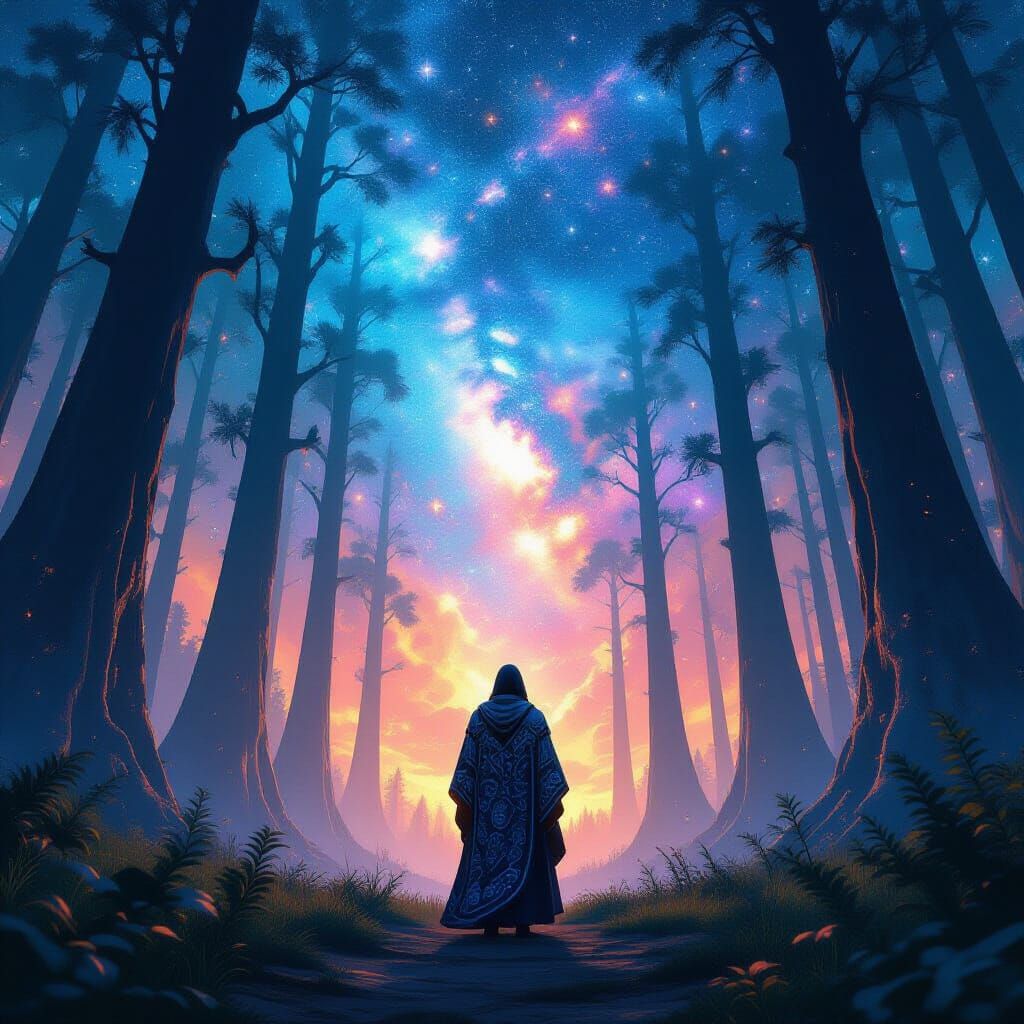 Celestial Silhouette in Starry Forest Clearing