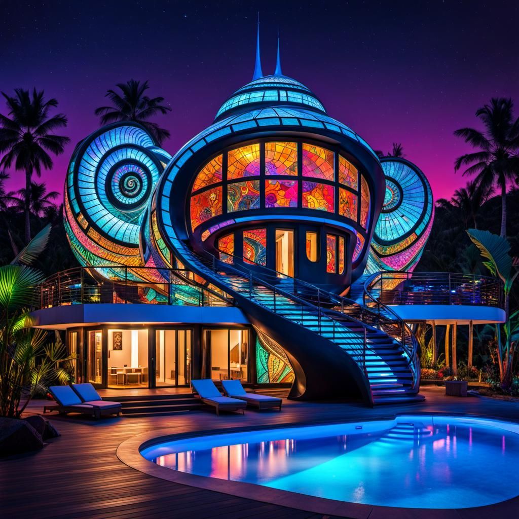 Futuristic Snail House on Beach at Night
