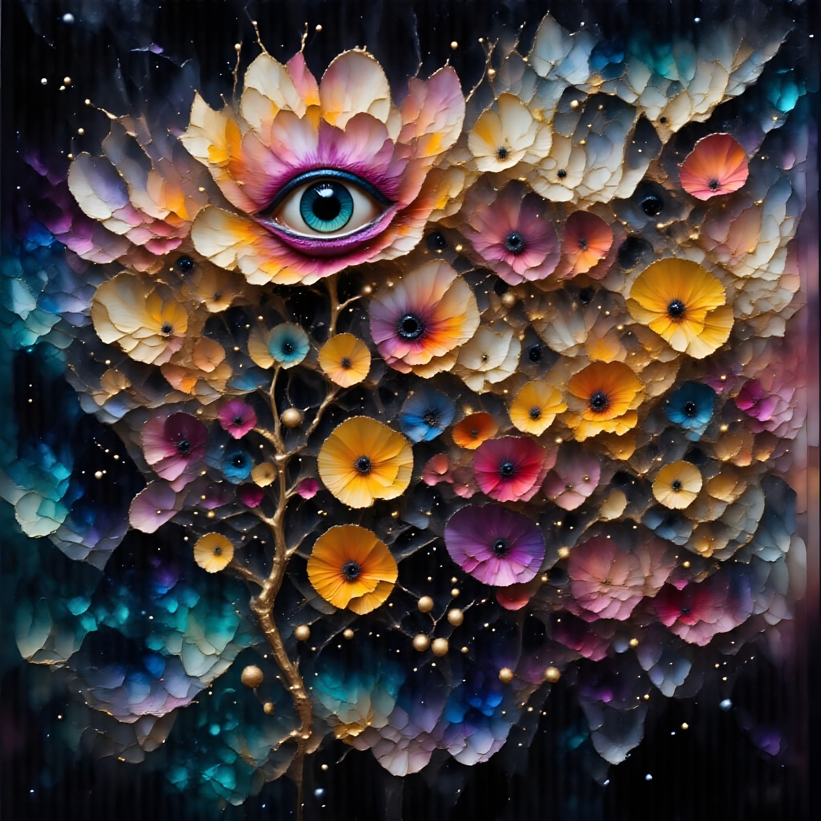 Cat Nap on Surreal Flower in Hyperkraximalismus Style