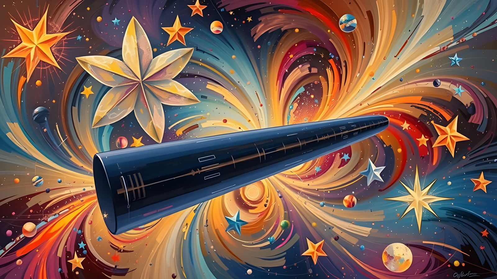 Spinning Metallic Cylinder Mirrored in Abstract Expressionis...