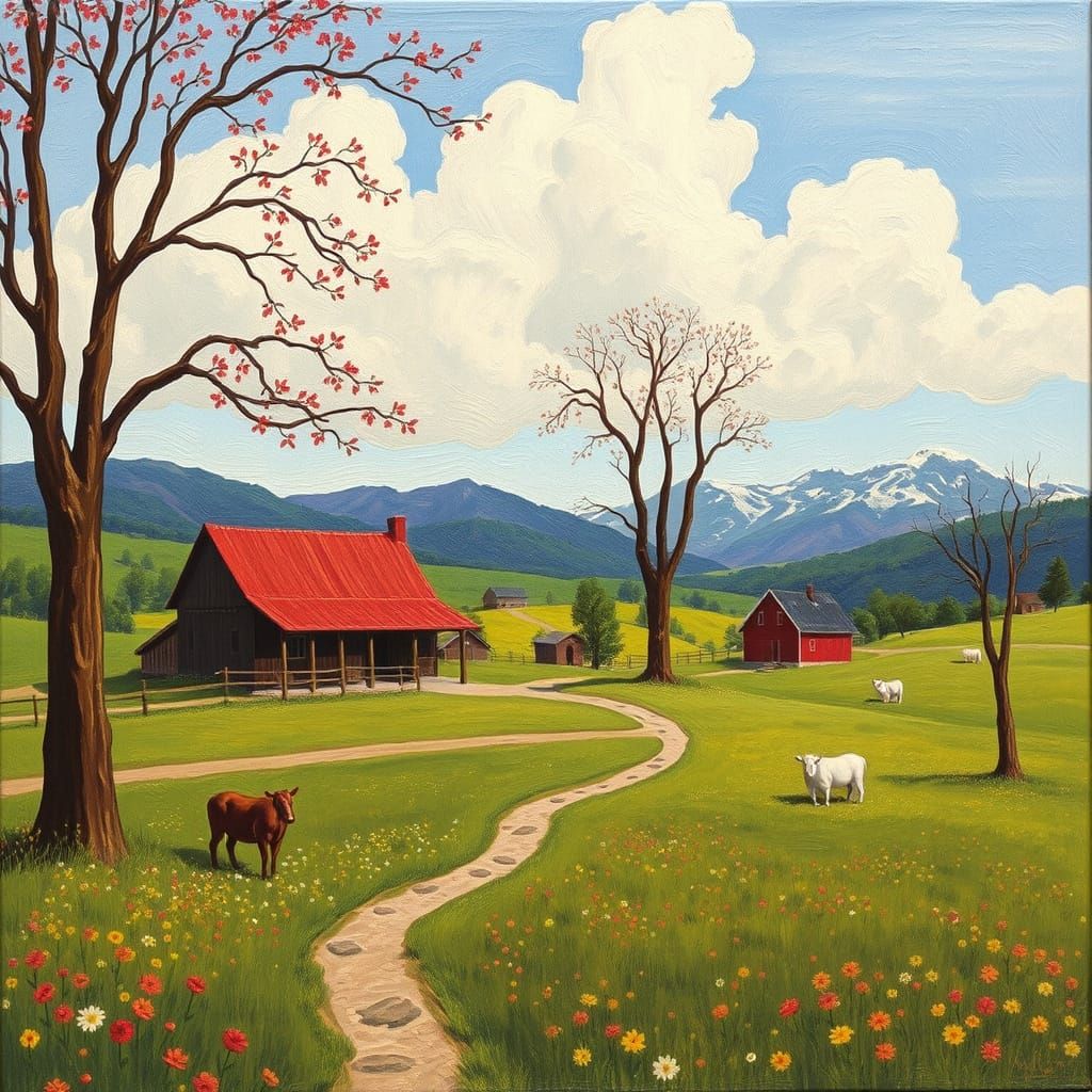 Naive Rural Landscape in Grandma Moses Style