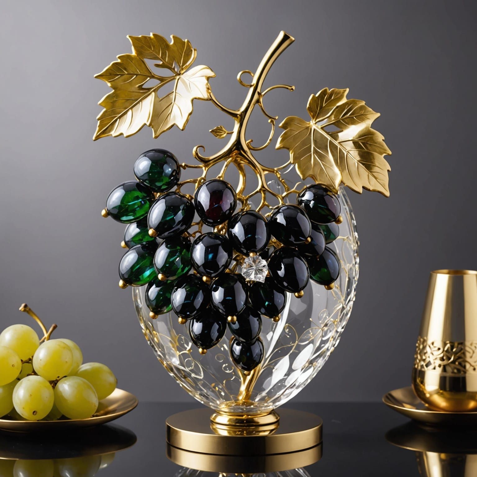 Elegant Glass Grapes Sculpture with Golden Swirls
