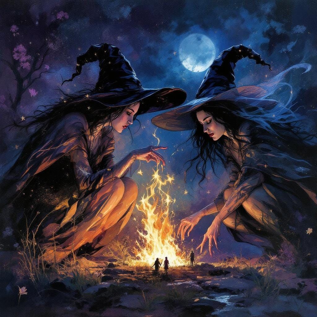 Ethereal Witches Gathering at Twilight as Impasto Painting