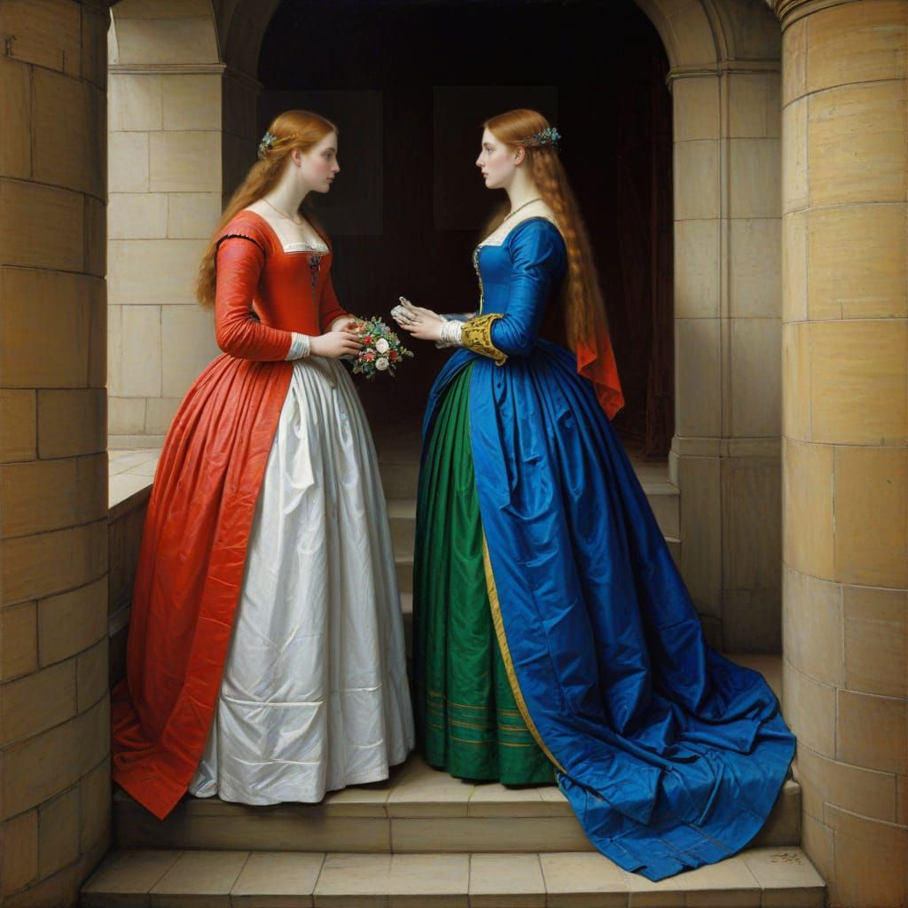 Victorian Painting of Star-Crossed Lovers on Turret Stairs