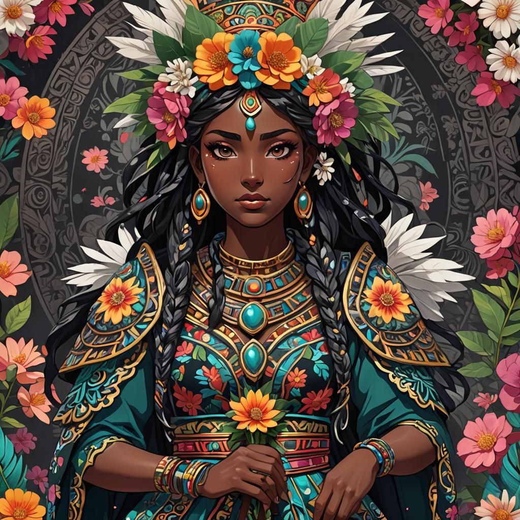 Anime Girl with Obsidian Sword in Mayan Style