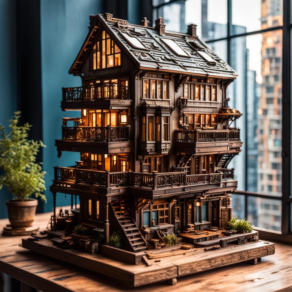 Miniature Steampunk Wooden Apartment Building in Hyperrealis...