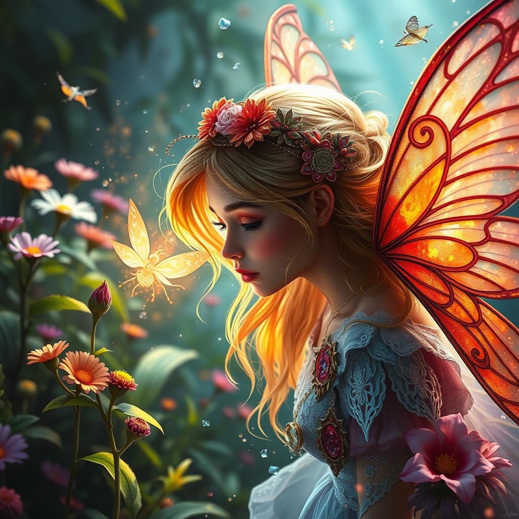 Magical Fairy in Hyperrealistic Fantasy Garden Scene