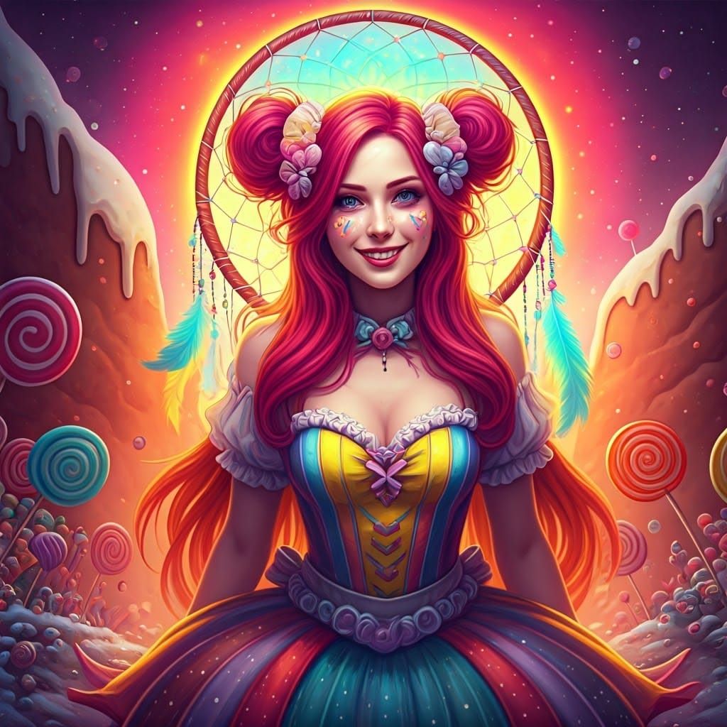 Vibrant Whimsical Woman Amidst Rainbow Dreamcatcher and Cand...