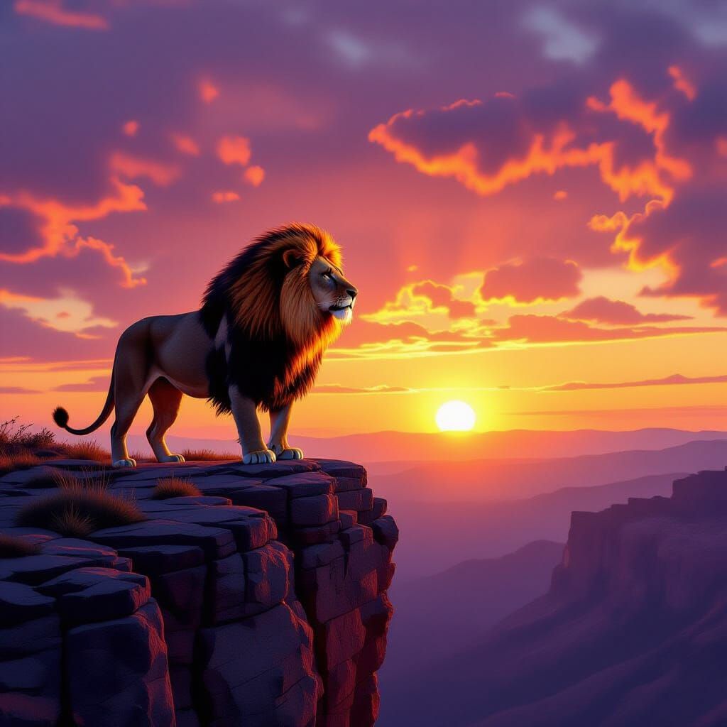 Majestic Lion on Cliff at Sunrise, Photorealistic Digital Pa...