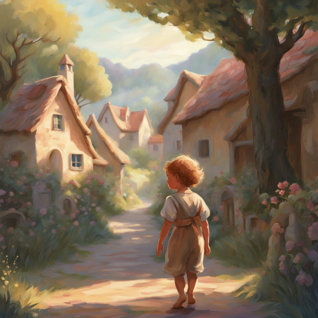 Charming Storybook Illustration of a Child in a Village