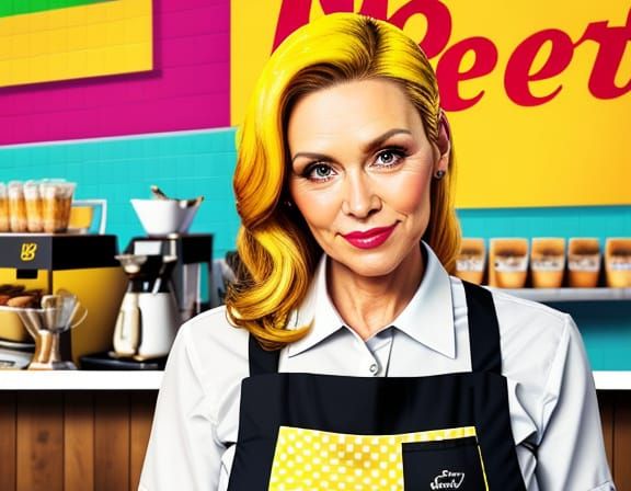 Pop Art Waitress Serving Coffee in Cozy Cafe