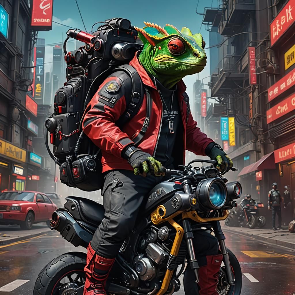 Cyberpunk Chameleon on Motorbike: Detailed Digital Art