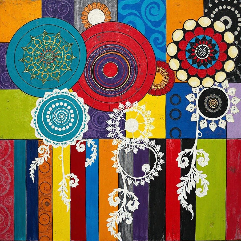 Vibrant Abstract Composition with Kaleidoscopic Patterns and...