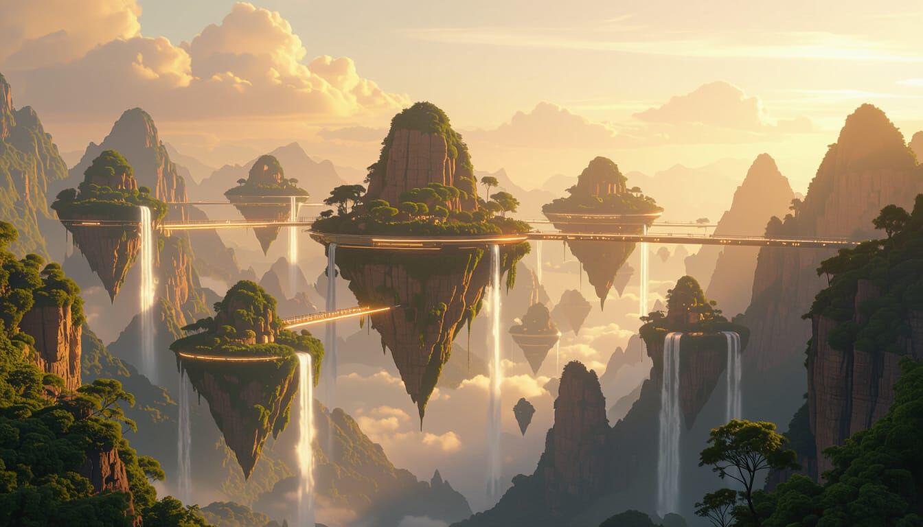 Floating Islands in Golden Light: Cinematic Film Still