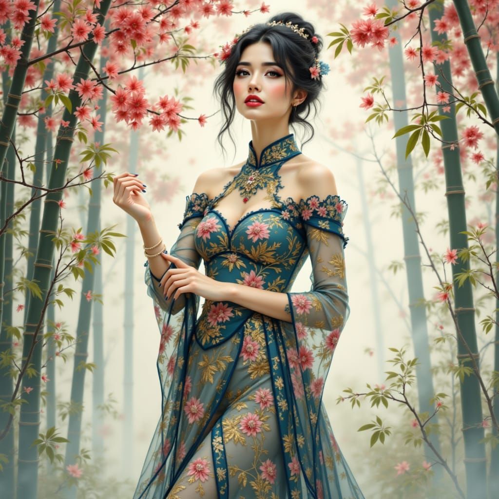 Chinese Beauty in Traditional Cheongsam, Serene Garden Scene