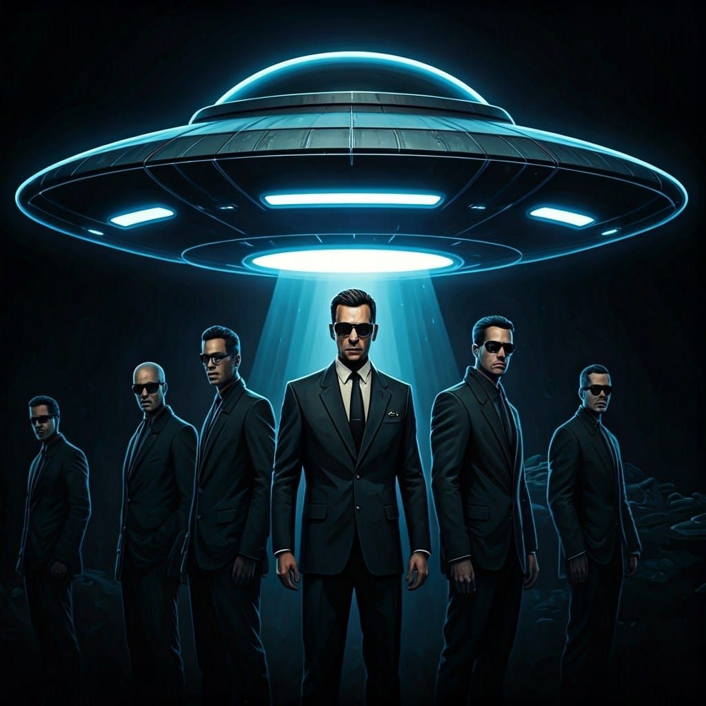 Men in Black Stand Guard Over Metallic UFO in Dark, Moody En...