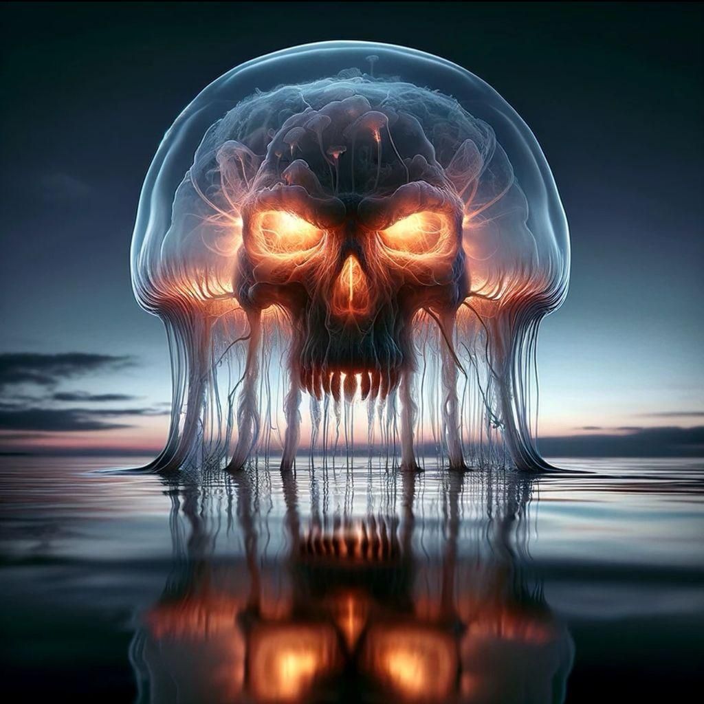 Surreal Jellyfish with Human Face in Dusk