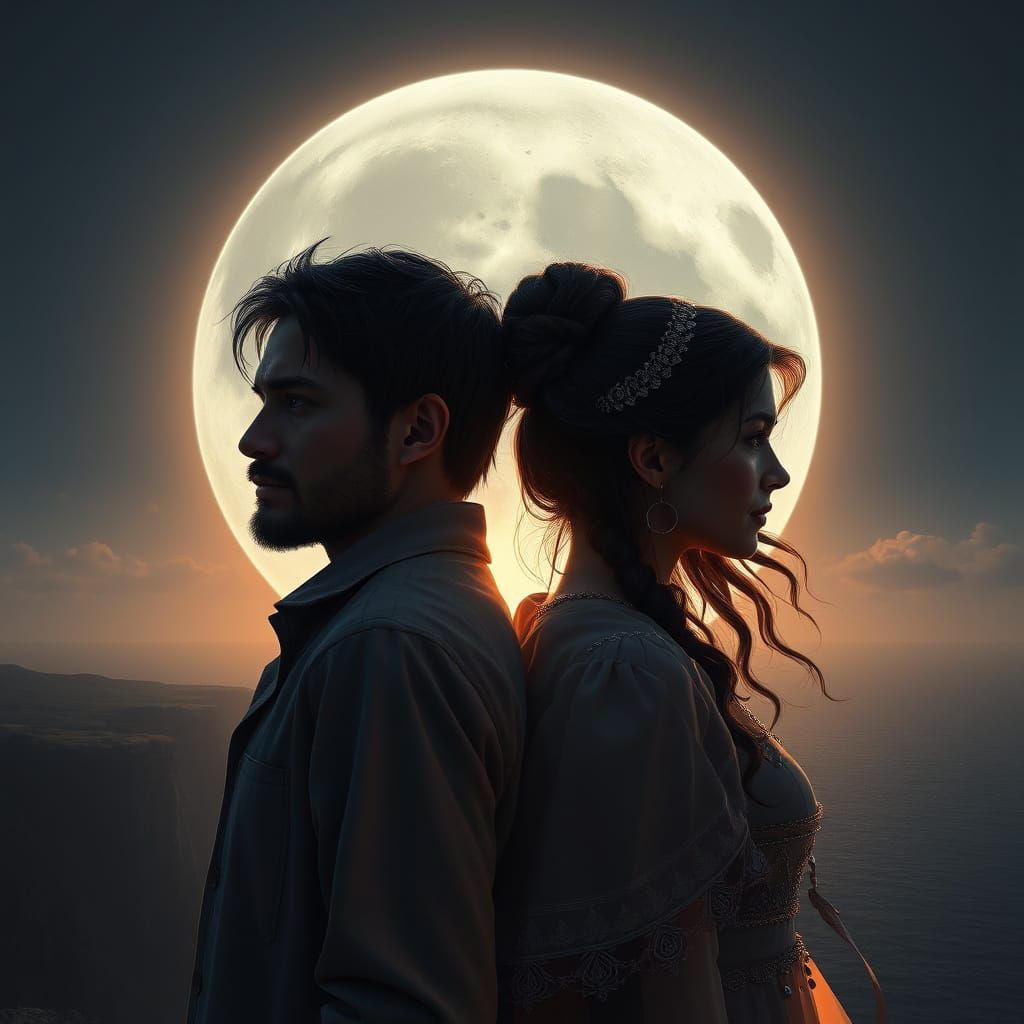 Couple Gazing at Giant Luminous Moon on Sea Cliff