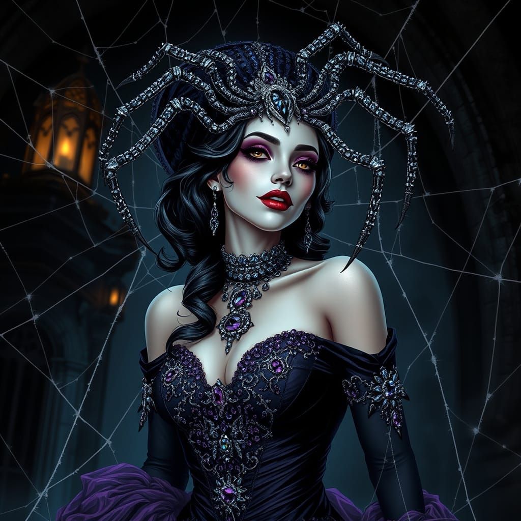 Gothic Vampire Woman in Spider Web Digital Art