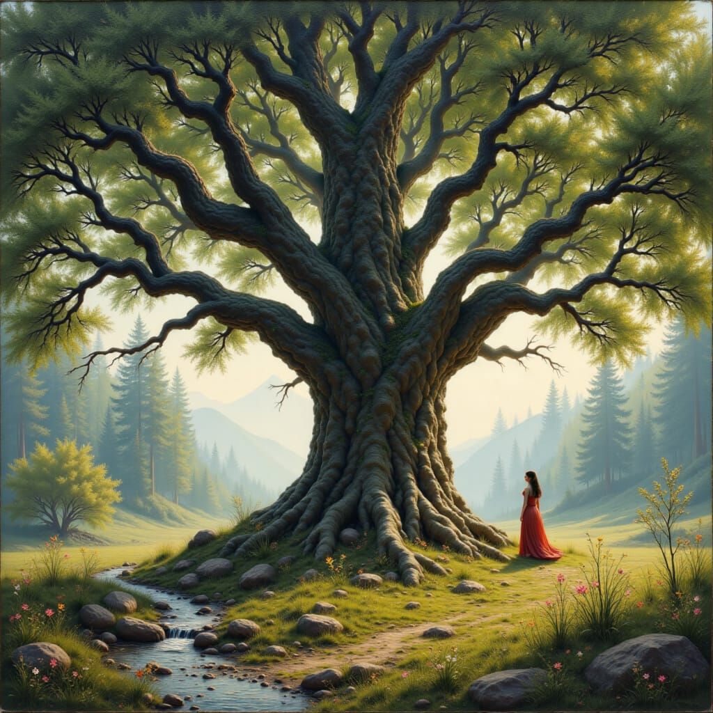 A majestic, ancient tree stands tall in a serene forest clea...