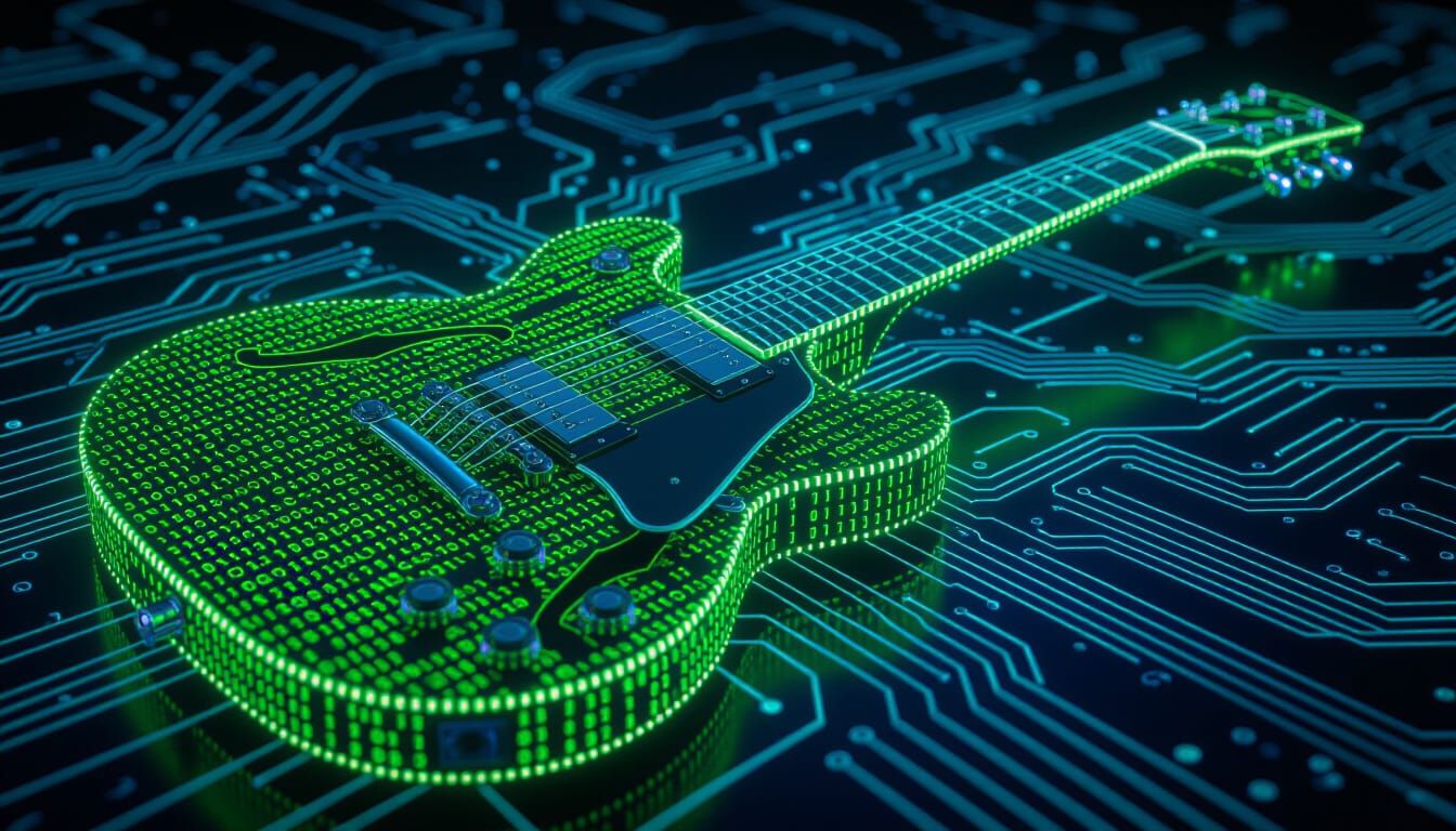 Electric Guitar Made of Glowing Green Computer Code