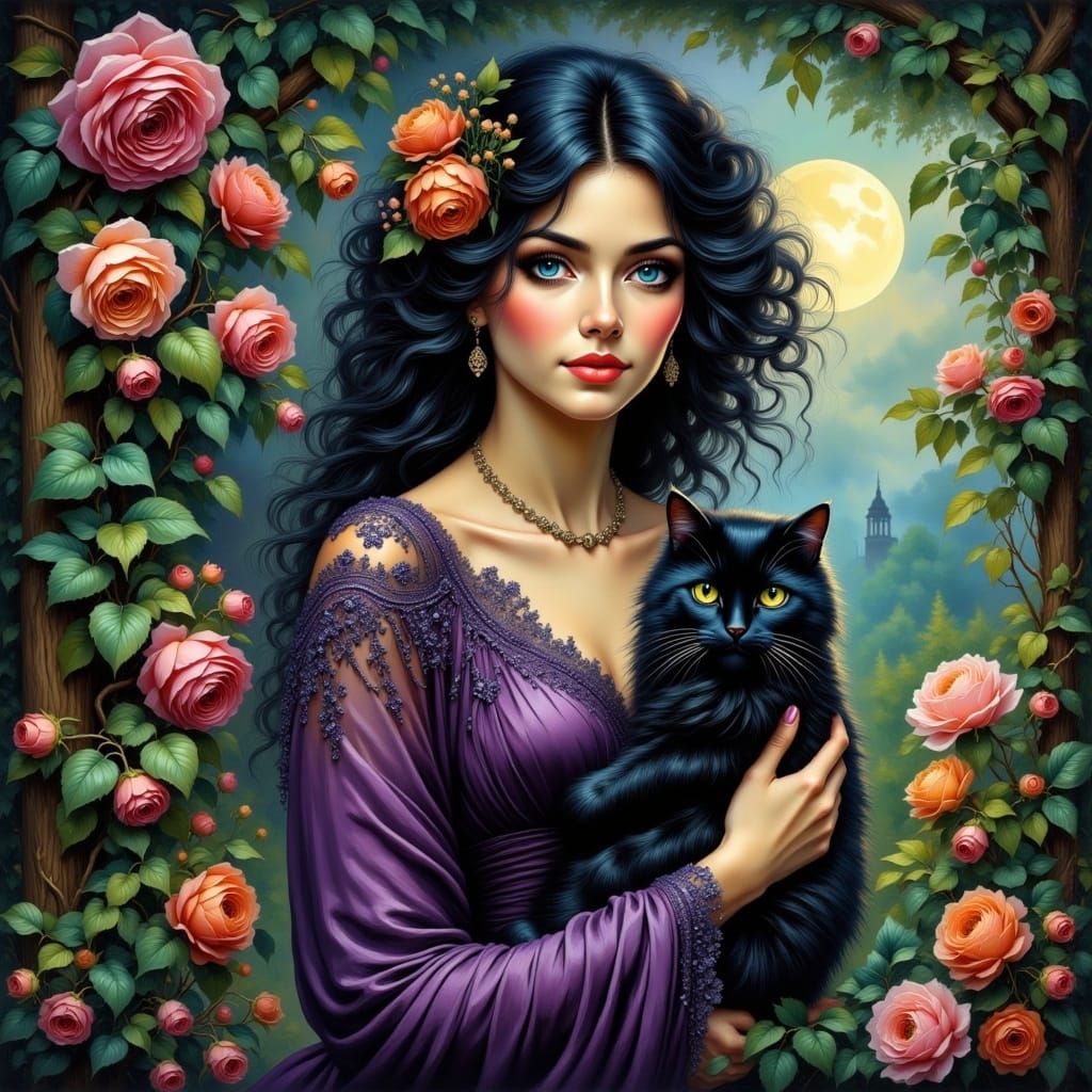 Raven-Haired Woman with Cat in Art Nouveau Style