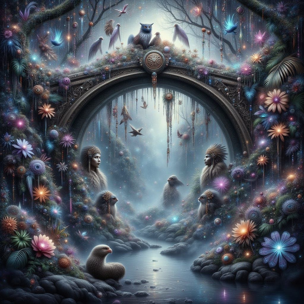 Surrealist Bridge Over Misty Chasm in Gothic Style with Biol...