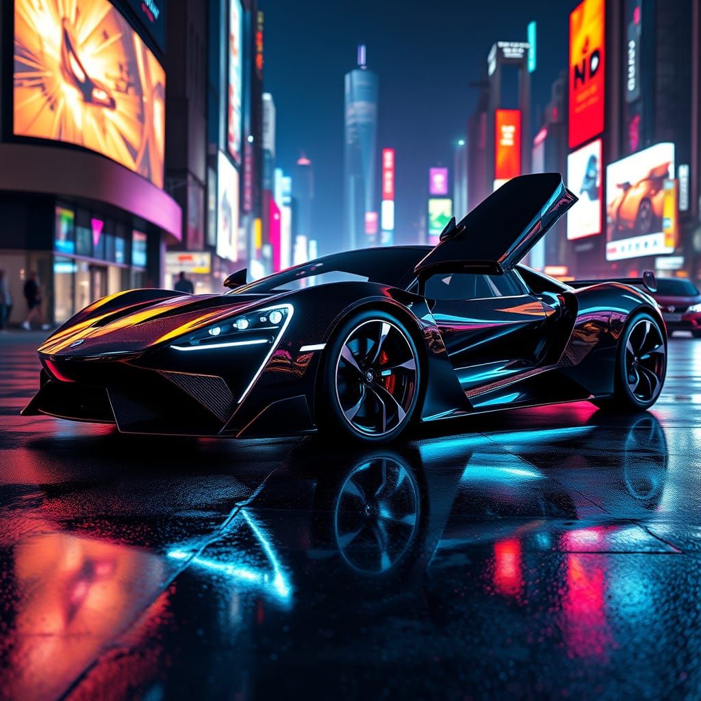 Hyperrealistic Futuristic Supercar on Neon City Street