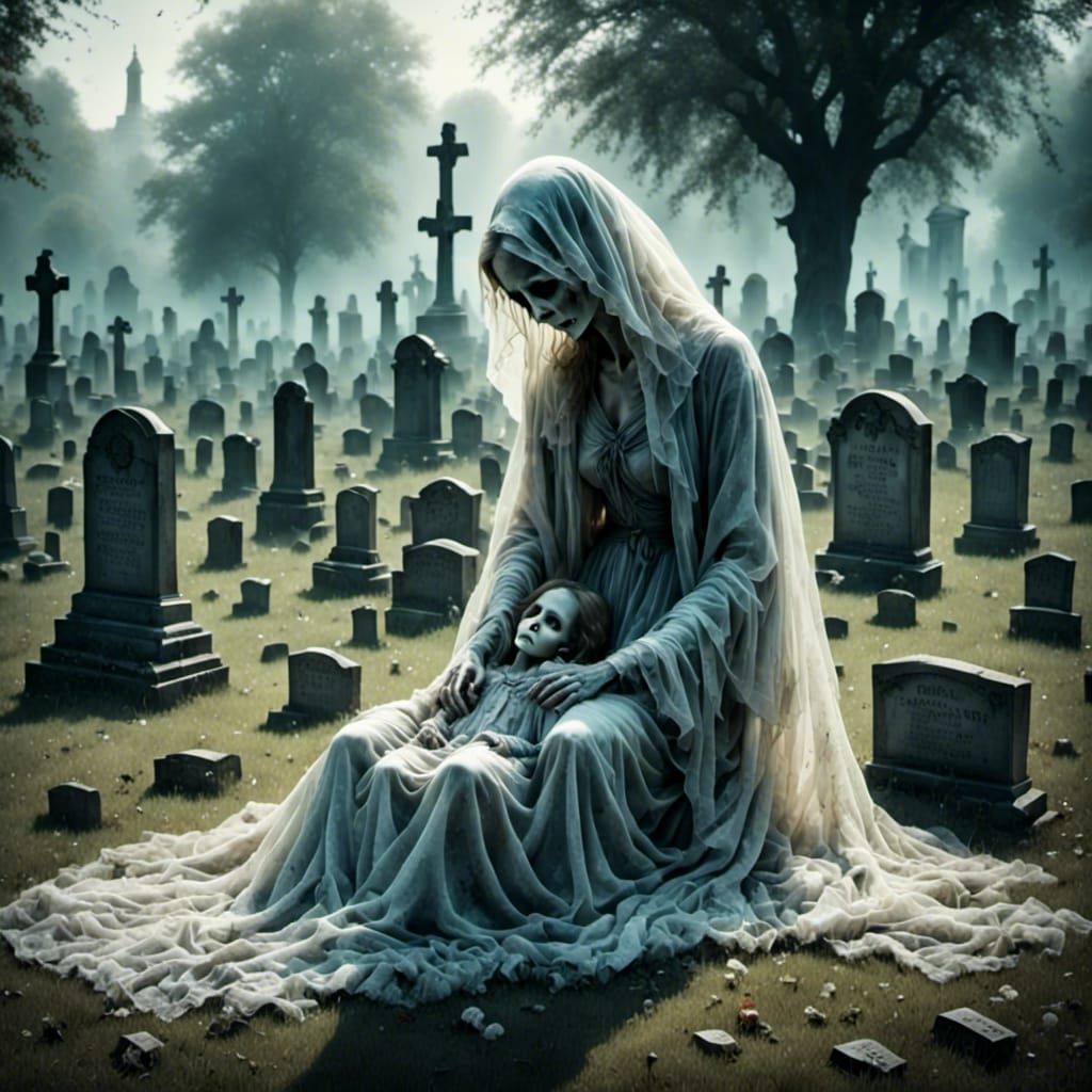 Ghostly Comfort in Cemetery: Impressionist Watercolor