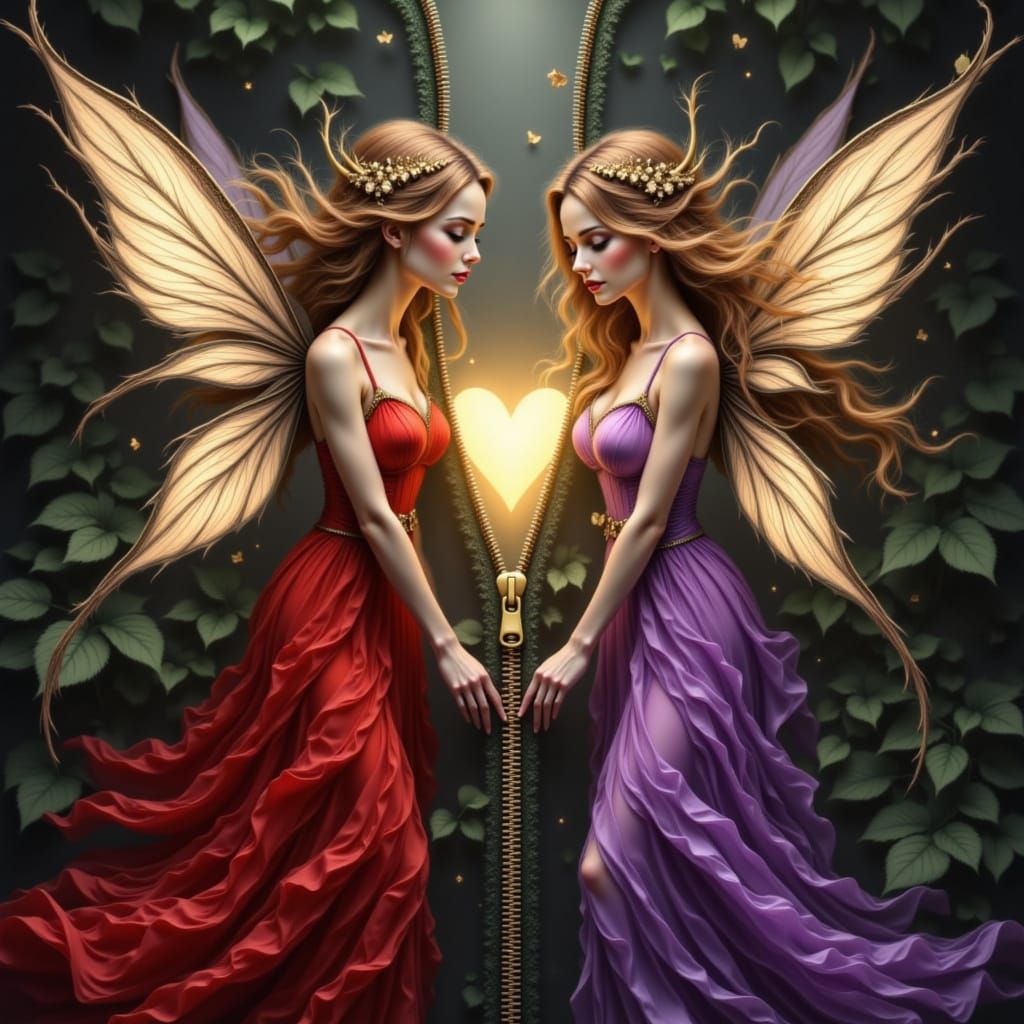 Twin Fairies with Glowing Heart in Whimsical Style
