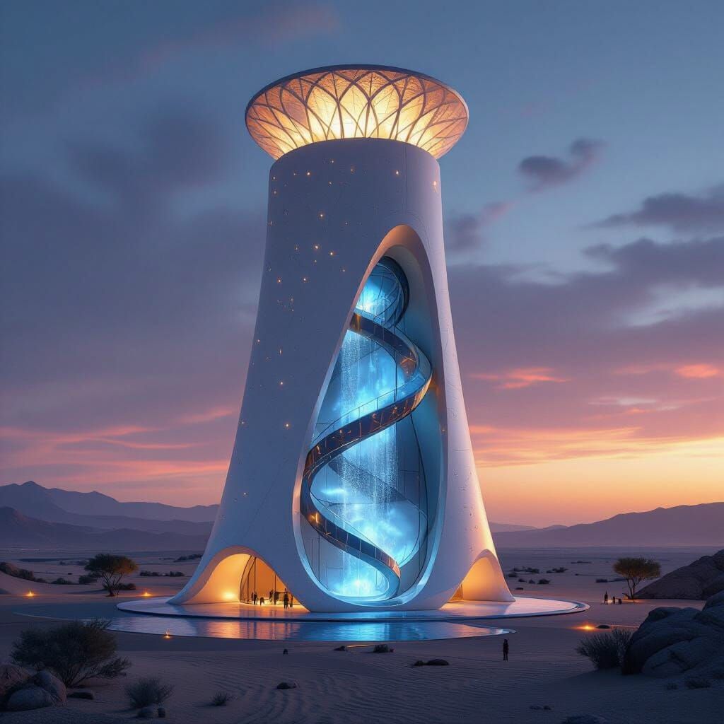 Biomimetic Water Tower in Desert Sunset