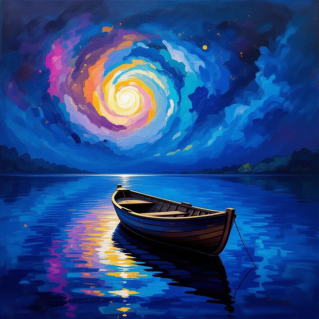 Wooden Boat Drifts Under Cosmic Nebula Sky